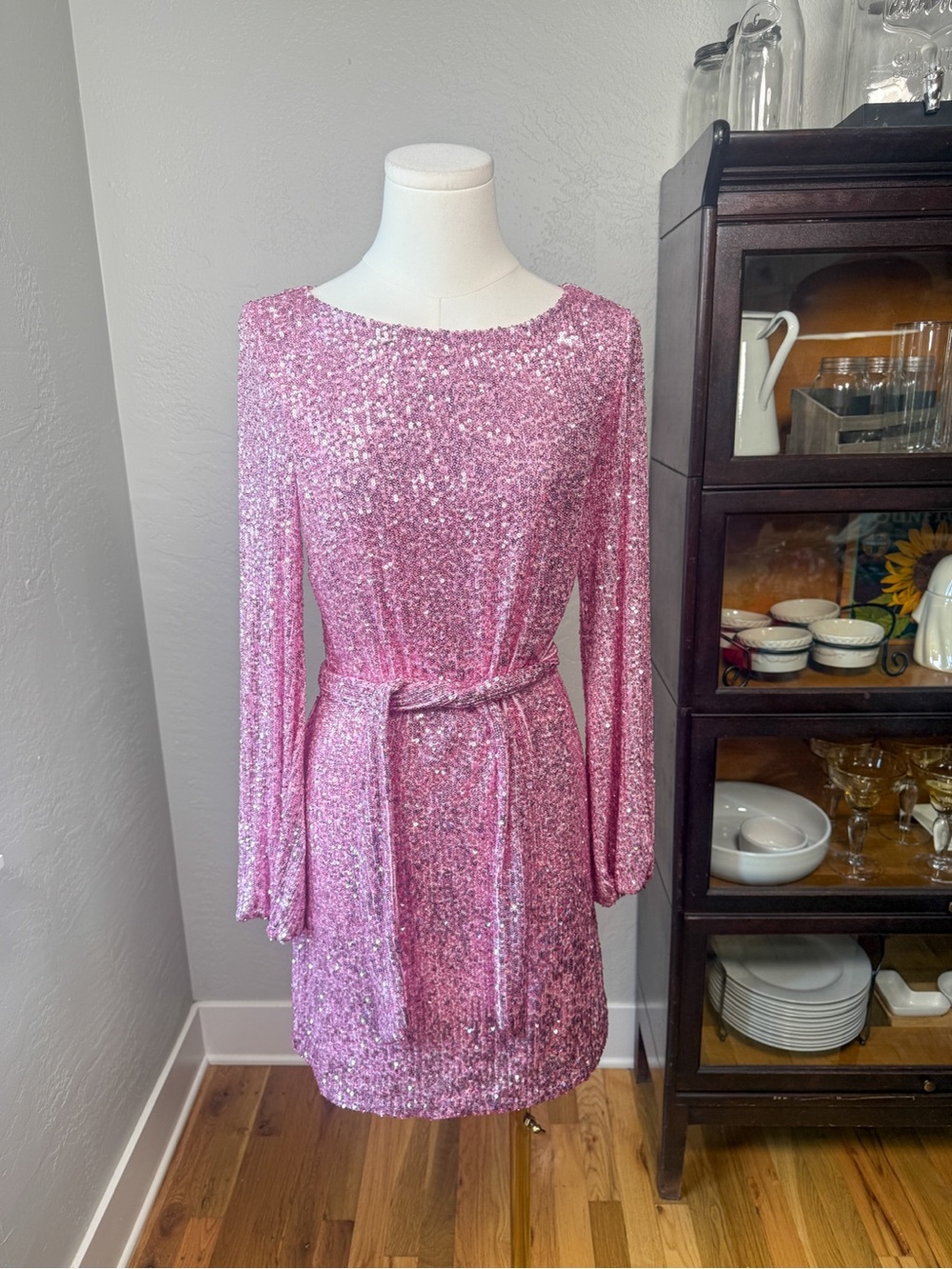 Alexia Admor Val Pink Sequin Long Sleeve Mini Dress Belted Size S NWT